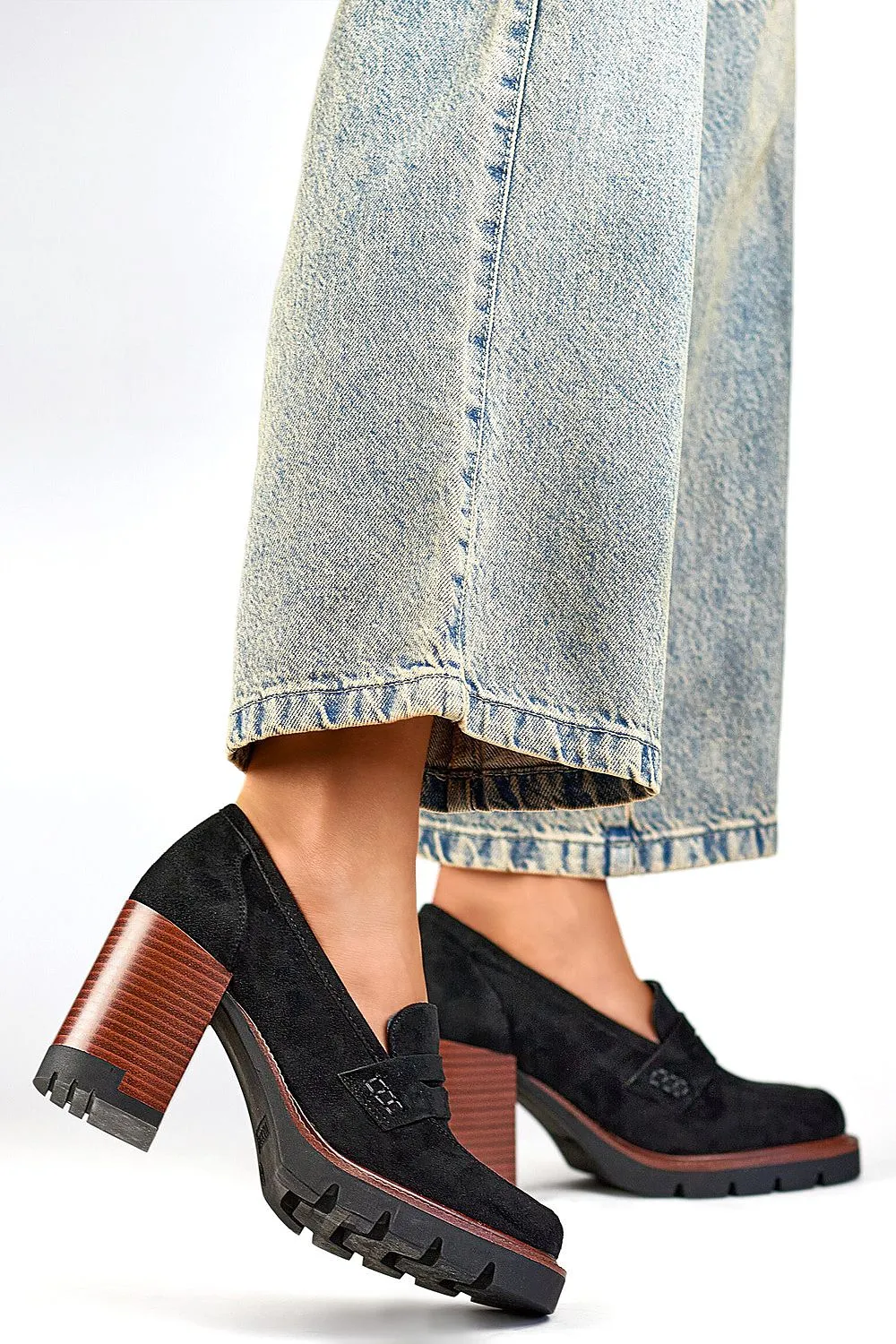 TEEK - Suede Style Block Heeled Penny Loafers