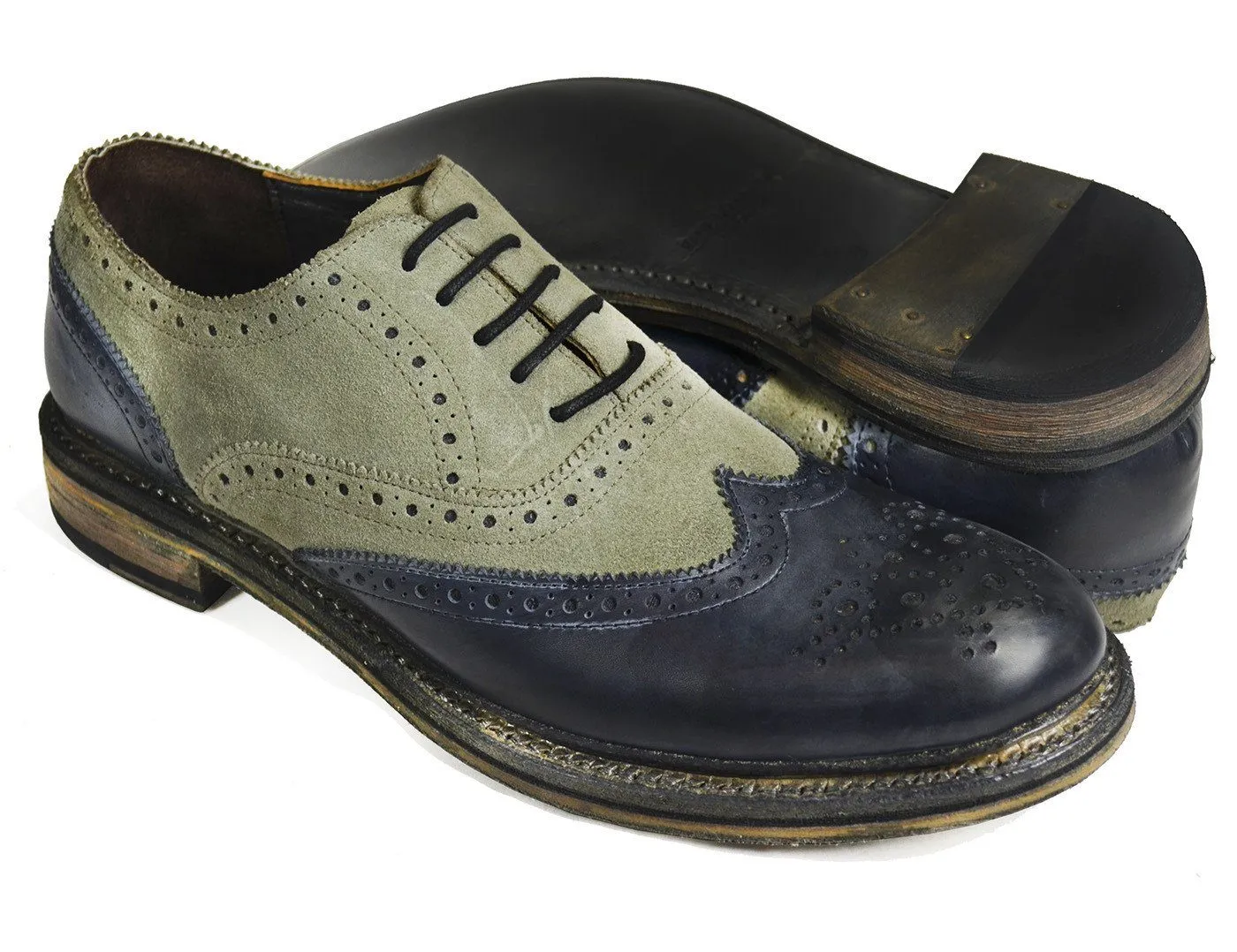 VERONA Full Leather Grey and Navy Wing Tip Oxfords