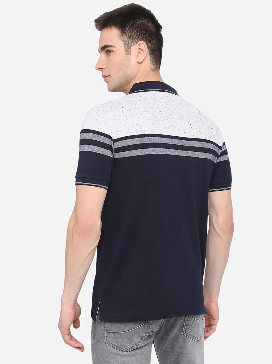 White & Navy Blue Striped Slim Fit Polo T-Shirt | Greenfibre