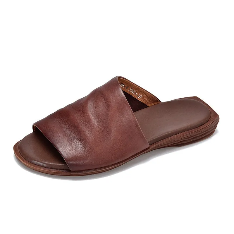 Women's Genuine Leather Slippers Open Toe in Coffee/Black