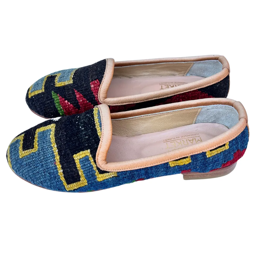 Women's Turkish Kilim Loafer Black & Blue with Red Design