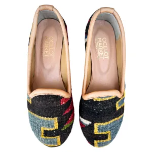 Women's Turkish Kilim Loafer Black & Blue with Red Design