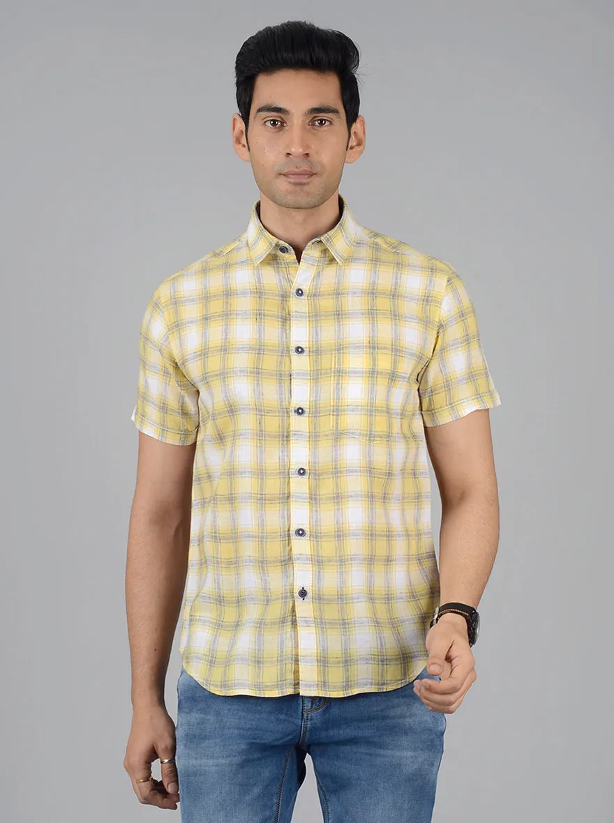 Yellow & Grey Checked Slim Fit Casual Shirt | Greenfibre